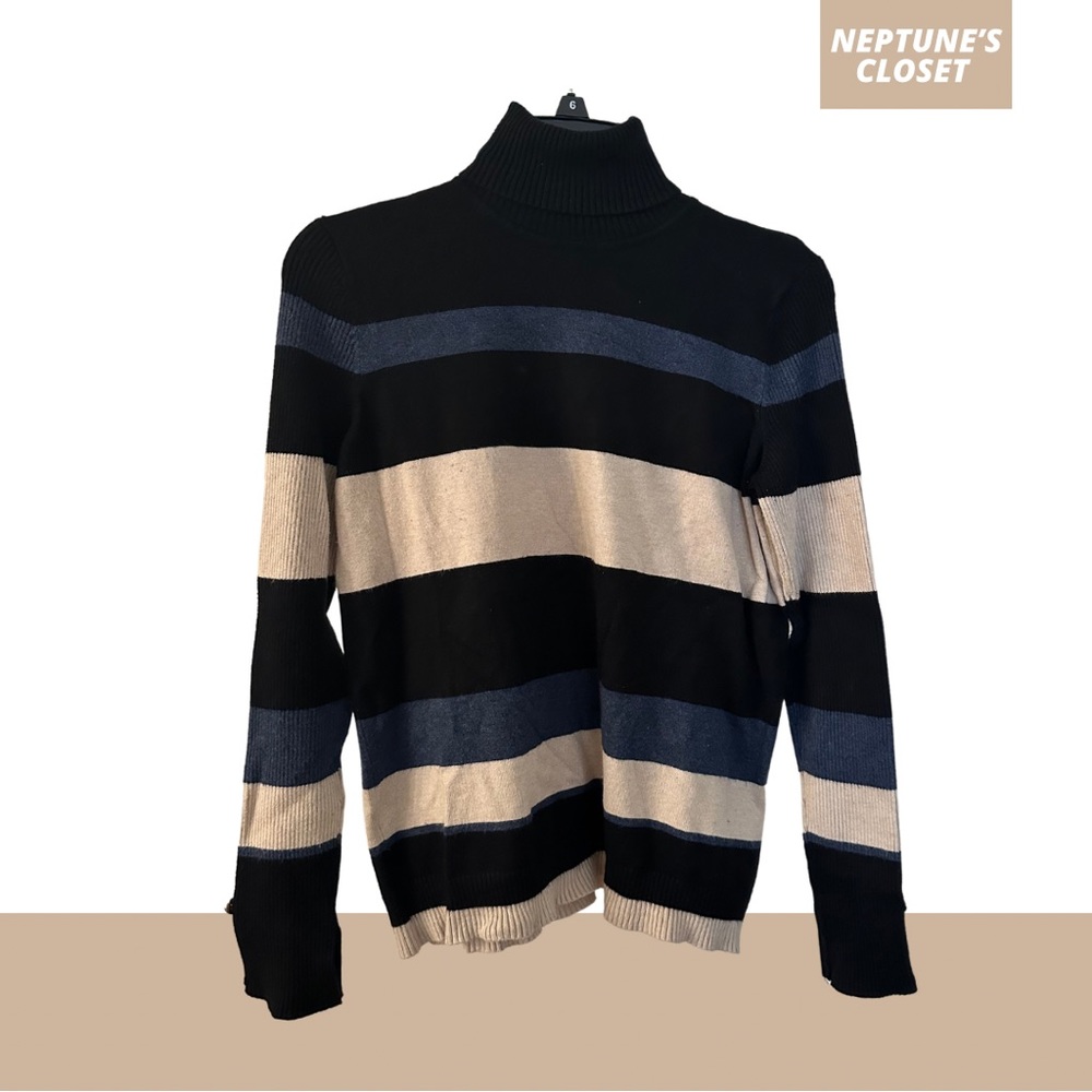 FASHION Chic Black Blue and Tan Stripped Turtleneck Sweater